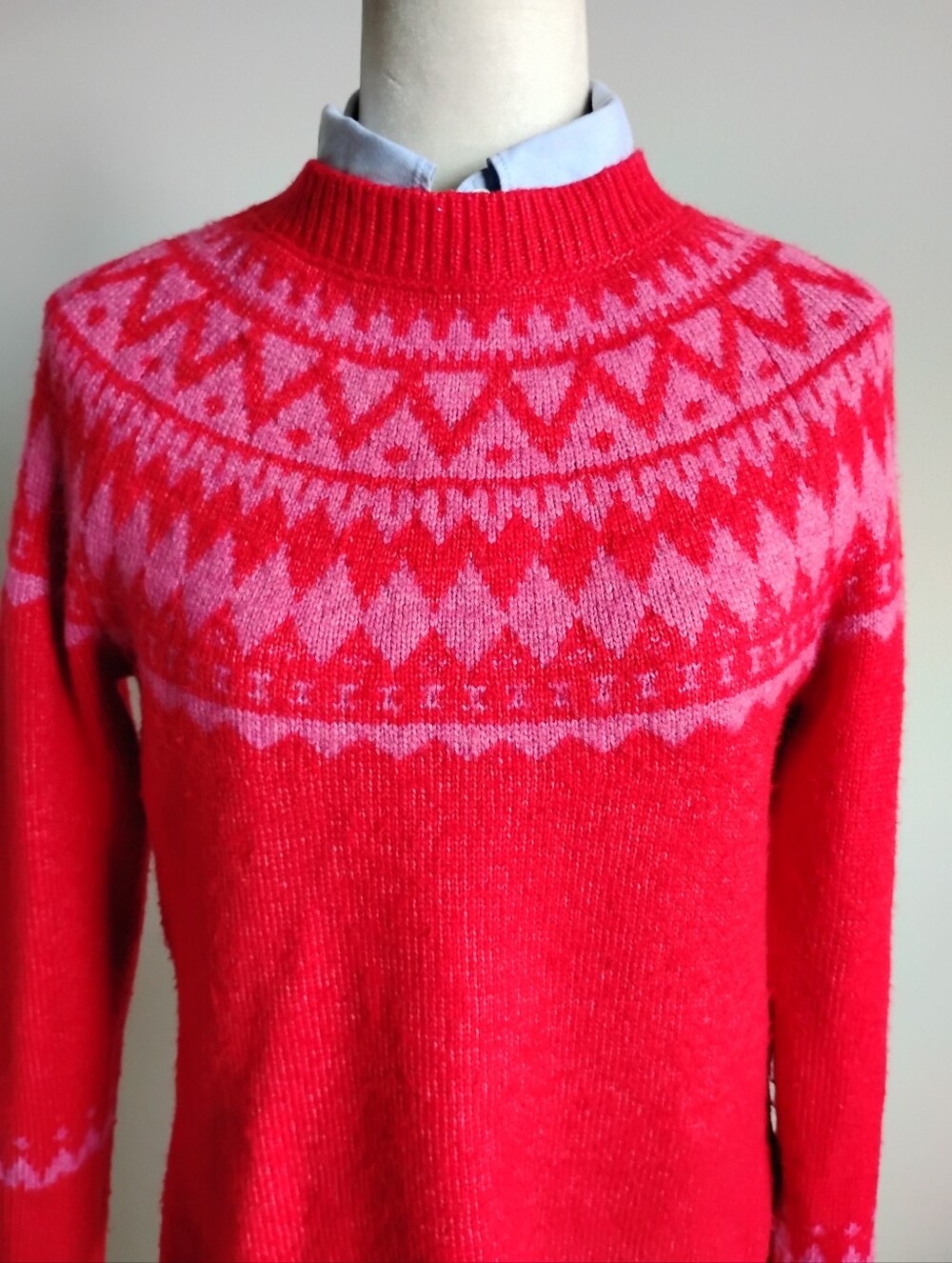 Talbots Fair Isle Crewneck Sweater Red Pink Colorful Preppy Wool Blend Size SP